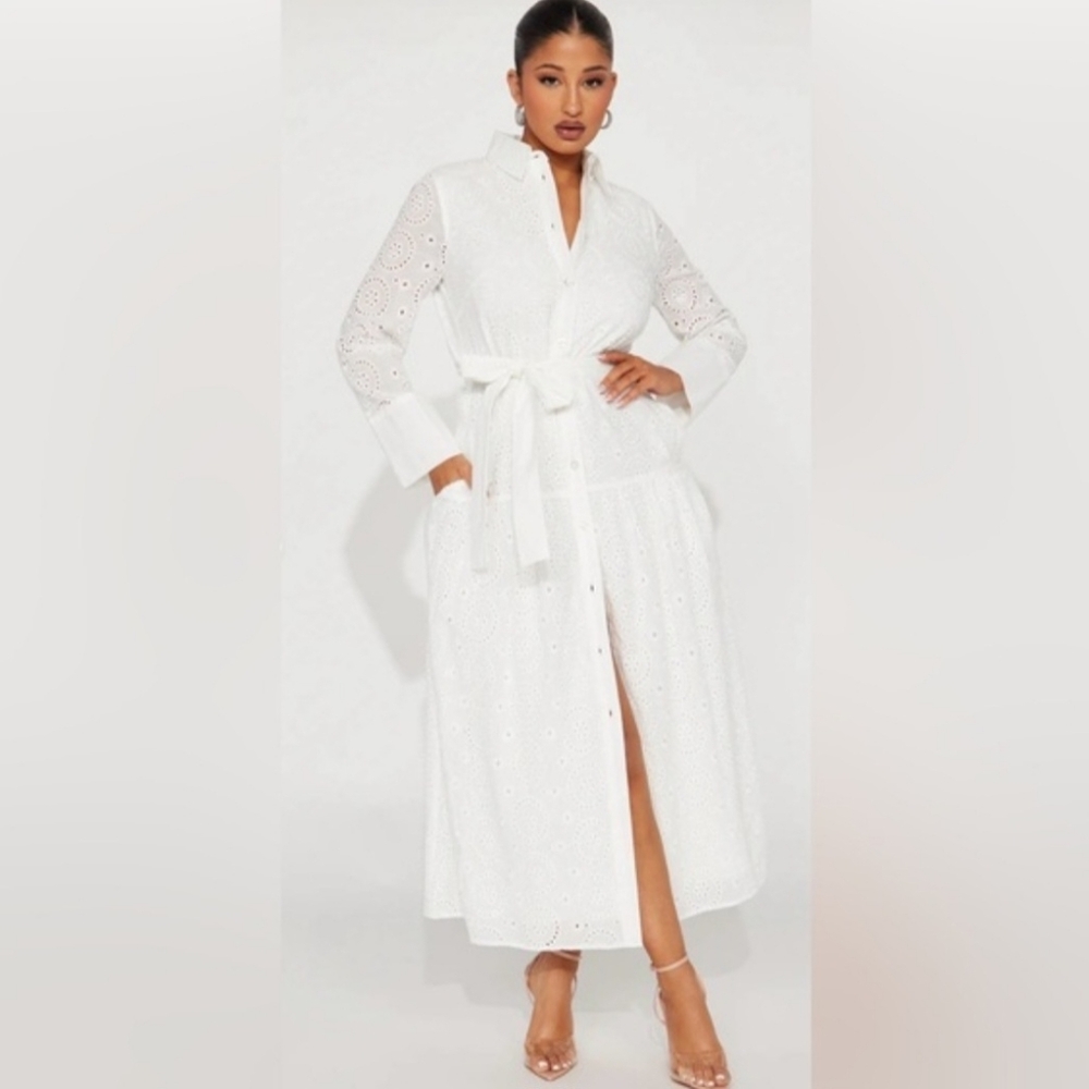 White Eyelet Button-Up Dress With Tie Belt B
